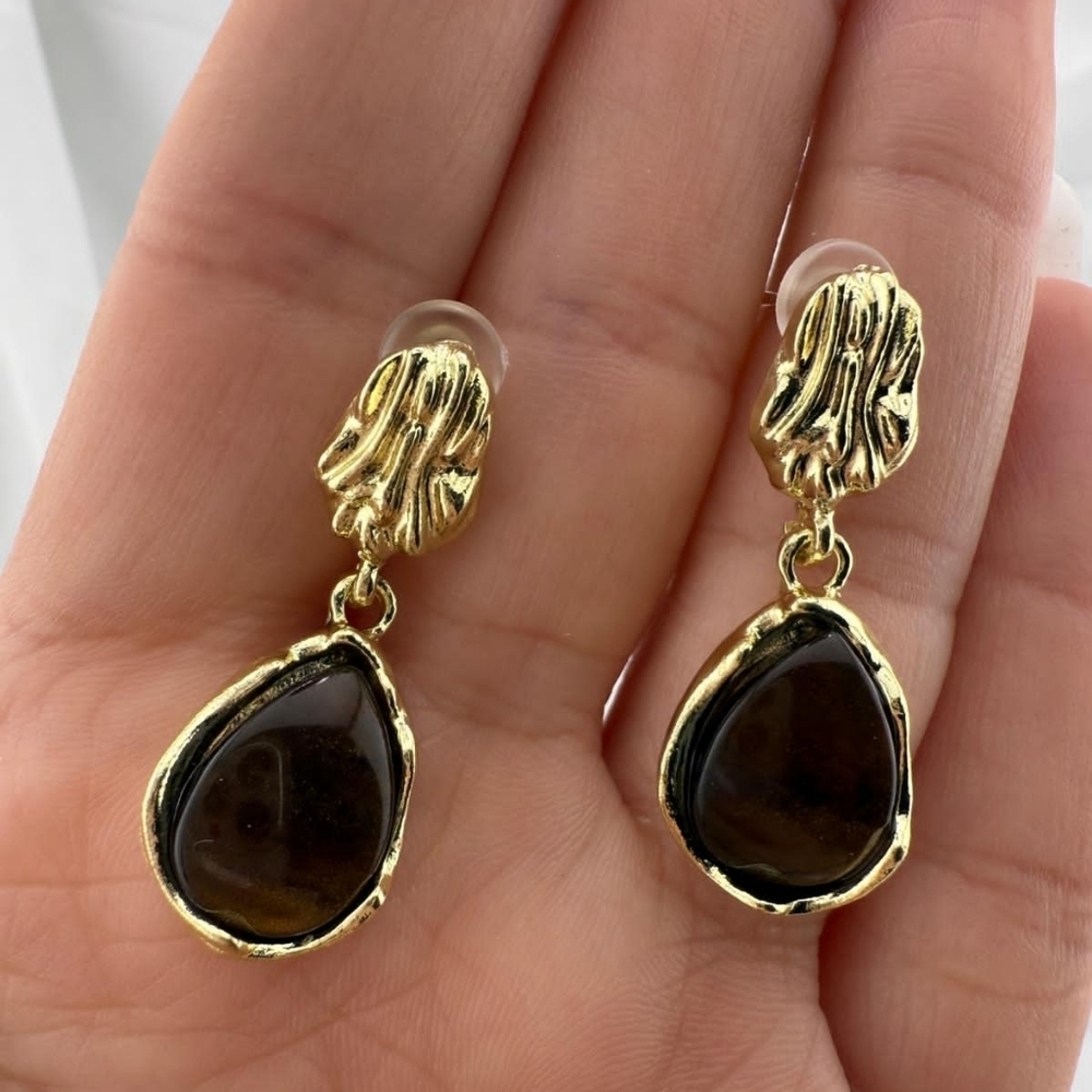 Amber Color Rhinestone Gold and Brown Drop Earrings